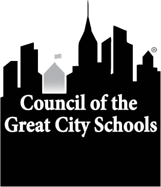A black and white logo with buildings in the backgroundDescription automatically generated